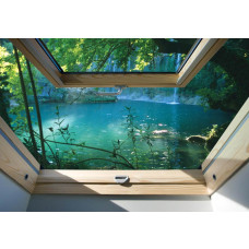 Fototapete mit tropischem Dschungelblick und Wasserfall durch ein Fenster sichtbar, 3D-Effekt.