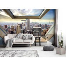 Eine Fototapete der New Yorker Skyline durch ein Oberlicht mit 3D-Effekten, ideal für das Wohnzimmer.