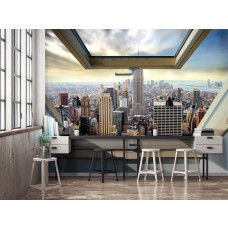 Eine Fototapete von einer New Yorker Stadtlinie durch ein Fenster für das Büro.