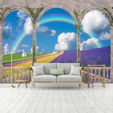 Eine Fototapete mit Blick auf eine Terrasse mit Blumenfeldern mit 3D-Effekt.