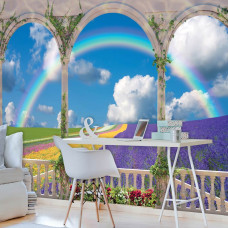 Eine Fototapete mit Blick auf ein Blumenfeld von einer Terrasse mit 3D-Effekt für das Büro.