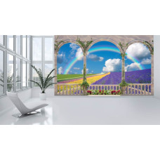 Eine Fototapete mit Blick auf ein Blumenfeld von einer Terrasse in 3D-Effekt für das Wohnzimmer.