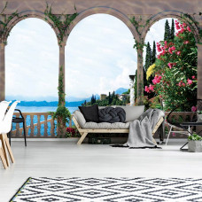Eine Fototapete mit Seeblick von einer Terrasse in 3D.