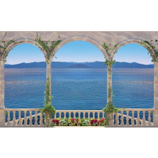 Balkon Meerblick, Fototapete mit griechischen Säulen und einem schönen Meerblick für eine luxuriöse Atmosphäre.