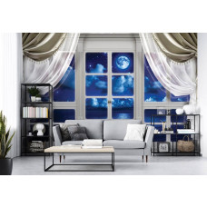 Eine Fototapete mit Mondlicht und Meerblick durch ein Fenster, geeignet für das Wohnzimmer.