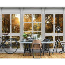 Fototapete mit Blick aus einem Fenster auf einen Wasserfall im Wald, ideal als Vliestapete für das Büro.