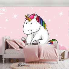 Eine Fototapete mit einem Einhorn und rosa Sternen, geeignet für ein Mädchenzimmer.