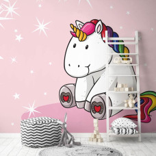 Eine Fototapete mit einem rosa Einhorn zwischen Sternen, ideal für ein Baby- und Kleinkindzimmer.