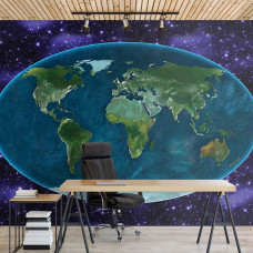 Fototapete einer Weltkarte mit Weltall-Thema für das Büro.