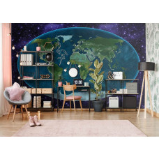 Fototapete mit Weltall-Thema und Weltkarte für das Kinderzimmer.