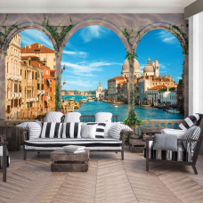 Eine Fototapete von Venedig von einer Terrasse mit 3D-Effekt.