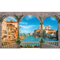 Fototapete des Canal Grande in Venedig, gesehen von einem Balkon in 3D-Perspektive.