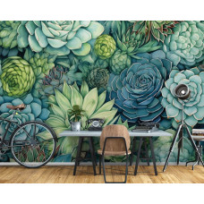 Fototapete mit Sukkulenten im Kunststil mit grünen Blumen im Büro.