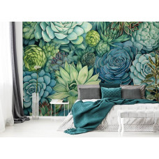 Fototapete mit Sukkulenten im Kunststil mit grünen Blumen im Schlafzimmer.