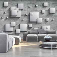Eine Fototapete mit quadratischen Formen in einem abstrakten geometrischen Design, geeignet für das Wohnzimmer.