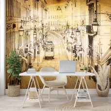 Eine Fototapete mit einer Vintage-Stadtsilhouette, geeignet für ein Büro.