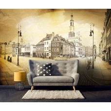 Eine Fototapete mit einer historischen Darstellung der Stadt Poznan, perfekt für ein Wohnzimmer.