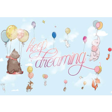 Fototapete mit fliegenden Tieren, Luftballons mit Elefant, Bär und Kaninchen, für das Kinderzimmer.