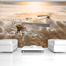 Eine Fototapete mit einem Flugzeug am Himmel, geeignet für das Wohnzimmer.