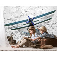 Eine Fototapete mit Flugzeugen durch eine Ziegelwand mit 3D-Effekten für das Kinderzimmer.