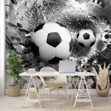 Fototapete von silbernen Fußbällen in einem Puzzle und 3D-Tunnel, ideal für ein Büro.