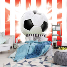 Fototapete mit rotem und weißem Hintergrund eines Fußballs, geeignet für Kinderzimmer und Schlafzimmer.