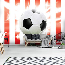 Fototapete eines Fußballs mit rotem und weißem Hintergrund, geeignet fürs Wohnzimmer.