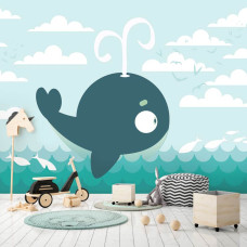 Eine Fototapete mit einem Wal im Meer-Thema für das Babyzimmer.