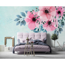 Aquarellblumen auf einer Fototapete im Malereistil für das Schlafzimmer.