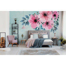 Blumen im Aquarellstil auf einer für das Schlafzimmer geeigneten Fototapete.