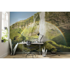 Eine Fototapete des Seljalandsfoss Wasserfalls in Island, mit einem Regenbogen und Natur.