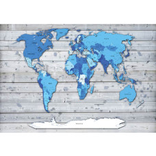 Weltkarte auf Holz, blau gerendert auf einer abstrakten Fototapete mit einer globalen Atmosphäre.