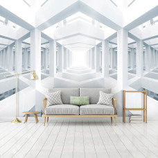 Eine Fototapete mit abstrakten geometrischen Formen in einem weißen Raum.