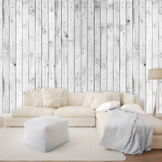 Eine Fototapete mit weißen Holzregalen auf einem dezenten braunen Hintergrund, geeignet für ein Wohnzimmer oder eine Küche.