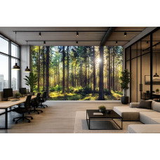 Fototapete mit einem Kiefernwald und natürlichem Licht in einem modernen Büro.
