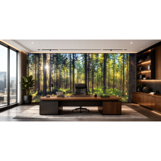 Fototapete mit einem sonnigen Waldpanorama in einem modernen Büro für eine entspannte Arbeitsatmosphäre.