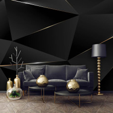 Eine Fototapete mit schwarzen 3D-geometrischen Dreiecken und goldenen Rändern, zu sehen im Wohnraum.