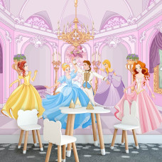 Eine Fototapete mit einem Prinzessinnenschloss und einem tanzenden Märchen für das Babyzimmer.