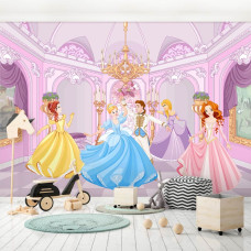 Eine Fototapete mit einem Prinzessinnenschloss und einem tanzenden Märchen für das Spielzimmer.