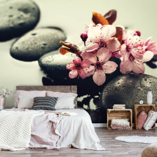 Eine Spa-Fototapete mit Wellness-Thema, Sauna, Steinen und Blumen für das Schlafzimmer.