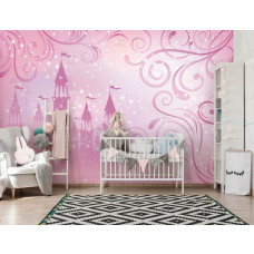 Eine Fototapete mit einem Märchenschloss mit Sternen und Prinzessinnen für das Babyzimmer.
