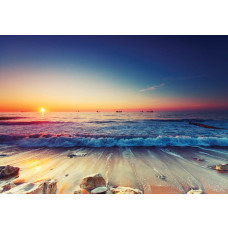 Strandtapete mit Sonnenuntergang am Meer, Fototapete mit warmen Tönen.