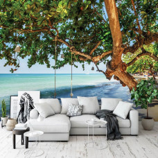 Fototapete Strand mit einer Baumschaukel am Meer für das Wohnzimmer.