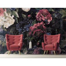 Eine Vintage-Fototapete mit Blumen im Malstil, gesehen im Wohnzimmer.