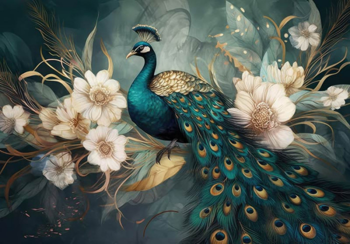 Fototapete Pfau und luxuriöse Blumen