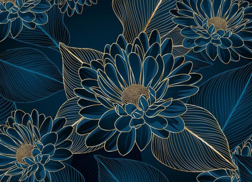 Eine Fototapete mit Chrysanthemenblüten, bei der verschnörkelte goldene Chrysanthemen auf einem tiefgrünen Hintergrund ein luxuriöses und elegantes Aussehen erzeugen.