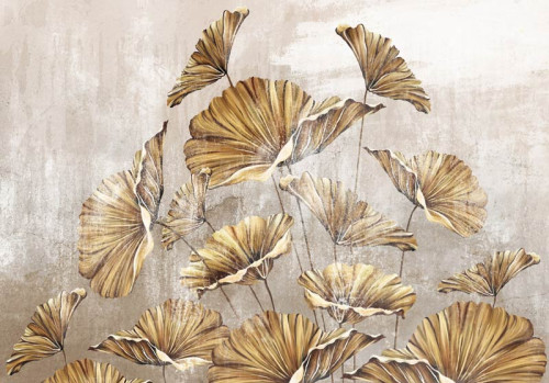 Goldene Blumen auf einer Betonwand, kunstvoll dargestellt in einer Kombination aus Pflanzen und Blumen auf dieser Fototapete.