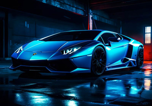 Der neonfarbene Lamborghini Aventador in einer futuristischen Rennumgebung, dargestellt auf dieser energiegeladenen Fototapete.