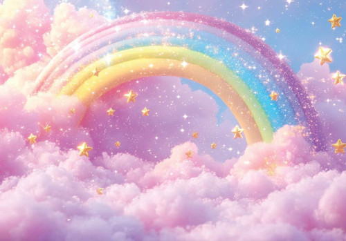 Fototapete mit einem bunten Regenbogen zwischen sanften, rosa Wolken und funkelnden Sternen.