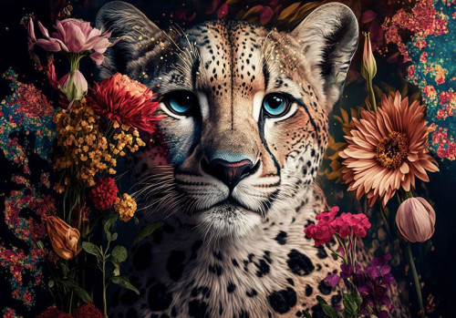 Fototapete mit einem Panther, der zwischen wunderschönen Blumen liegt. Die detaillierte Darstellung des Panthers in einer exotischen Umgebung macht diese Fototapete zu einem beeindruckenden Wandschmuck.